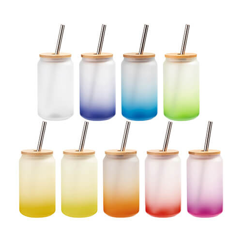 400ml matná sklenice s brčkem a bambusovým víčkem pro sublimaci - limetkový gradient