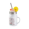 Hrnek Mason Jar 500 ml s brčkem a sublimačním uchem - bílý, s umělým ledem a citronem