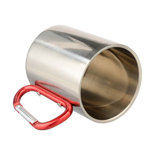 Kovový hrnek 300 ml pro sublimaci s červeným uchem na karabinu - stříbrný
