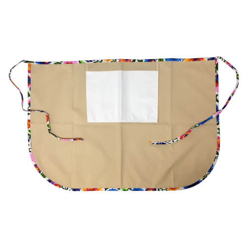 Klasická kuchyňská zástěra s kapsou na potisk - béžová s barevným lemováním - bílé slovanské květy