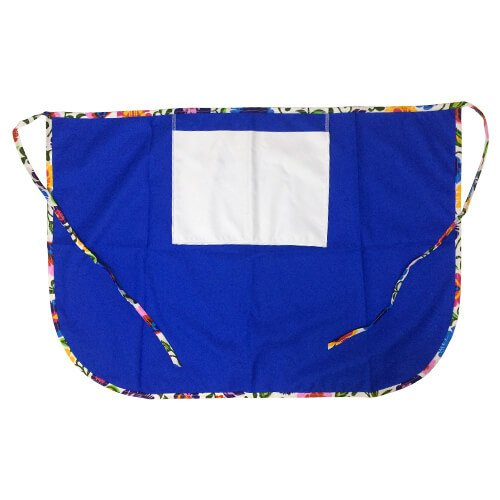 Klasická kuchyňská zástěra s kapsou na druk - modrá s barevným lemováním - bílé slovanské květy