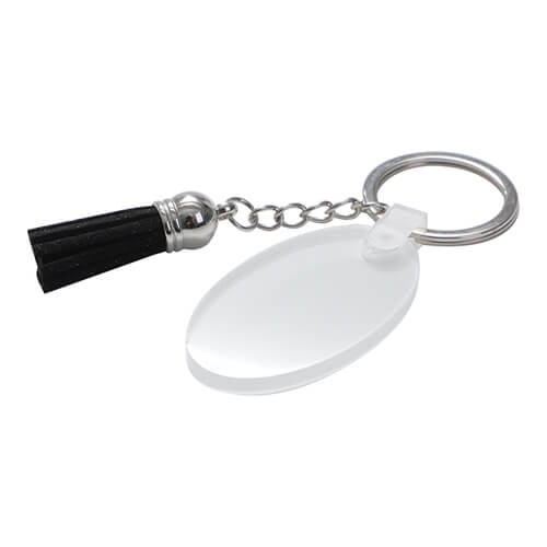 Akrylová klíčenka pro sublimaci - oválná s černými střapci