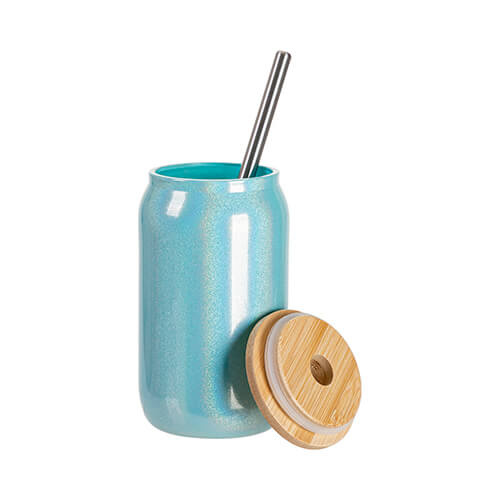 400 ml sklenice s brčkem a bambusovým víčkem pro sublimaci - modré třpytky