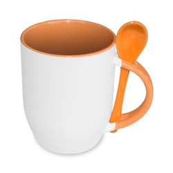 Hrnek 330 ml s oranžovým vnitřkem, uchem a lžičkou (JS Coating pro sublimaci)