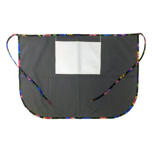 Klasická kuchyňská zástěra s kapsou na druk - šedá s barevným lemováním - černé slovanské květy