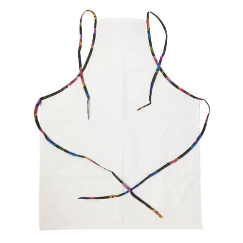 Kuchyňská zástěra s potiskem - bílá s barevným lemováním - černé slovanské květy