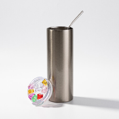 600 ml hrnek s brčkem pro sublimaci - stříbrný, víčko s umělým barevným ledem