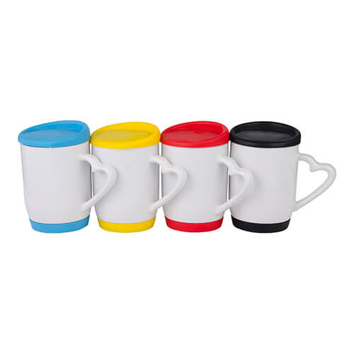 Hrnek 360 ml s černým silikonovým víčkem a podstavcem (sublimace)