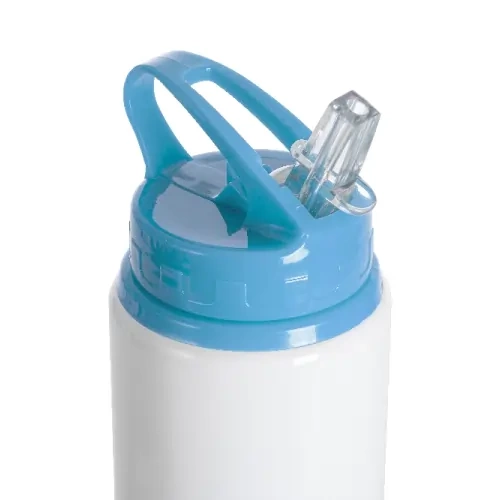 Hliníková láhev s výlevkou, 600 ml, bílá, se světle modrým uzávěrem a sublimačním držákem