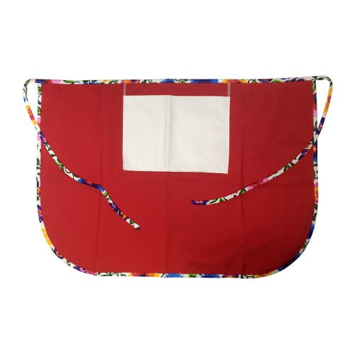 Klasická kuchyňská zástěra s kapsou na druk - červená s barevným lemováním - bílé slovanské květy