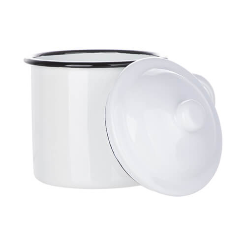 Kovový smaltovaný hrnek 700 ml s víčkem pro sublimaci - bílý s černým okrajem