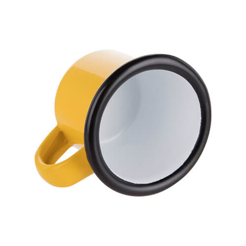 Kovový smaltovaný hrnek 100 ml žlutý s černým okrajem (sublimace termotransfer)