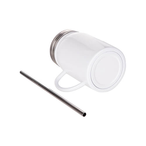 Hrnek Mason Jar 500 ml s brčkem a uchem pro sublimaci - bílý