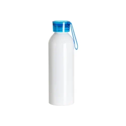 Sportovní hliníková láhev na vodu 750 ml bílá s modrým uzávěrem a sublimačním proužkem