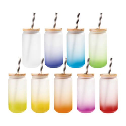 550ml matná sklenice s brčkem a bambusovým víčkem pro sublimaci - fialový gradient