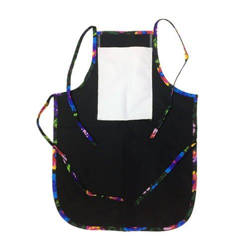 Dětská kulatá zástěra s kapsou na potisk - černá s barevným lemováním - černé slovanské květy