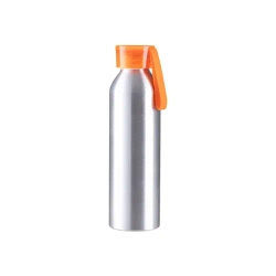 Sportovní hliníková láhev na vodu 650 ml stříbrná s oranžovým uzávěrem a sublimačním proužkem