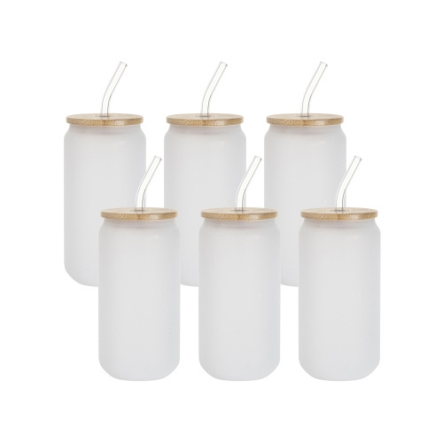 Sada 6 matných sklenic o objemu 550 ml s brčkem a bambusovým víčkem pro sublimaci