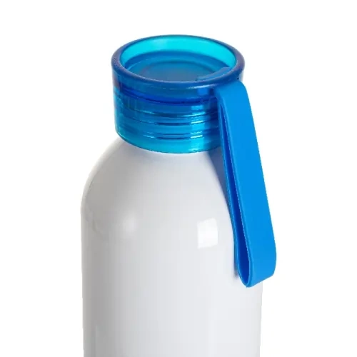 Sportovní hliníková láhev na vodu 750 ml bílá s modrým uzávěrem a sublimačním proužkem