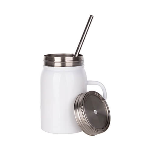 Hrnek Mason Jar 500 ml s brčkem a uchem pro sublimaci - bílý