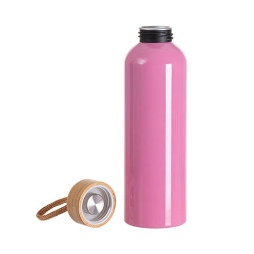 Hliníková láhev na vodu 600 ml s bambusovým víčkem pro sublimaci - tmavě růžová