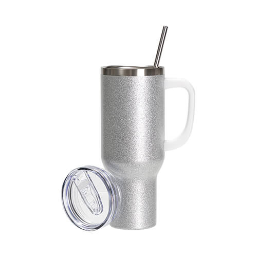 Nerezový hrnek 1200 ml s víčkem a brčkem - stříbrný (pro sublimaci)