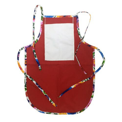 Dětská kulatá zástěra s kapsou na potisk - červená s barevným lemováním - bílé slovanské květy