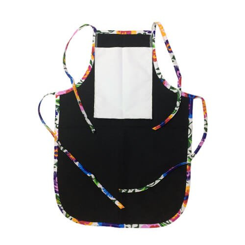 Dětská kulatá zástěra s kapsou na potisk - černá s barevným lemováním - bílé slovanské květy