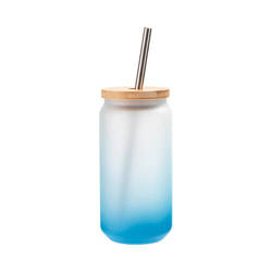 550ml matná sklenice s brčkem a bambusovým víčkem pro sublimaci - modrý gradient