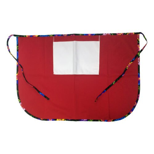 Klasická kuchyňská zástěra s kapsou na druk - červená s barevným lemováním - černé slovanské květy