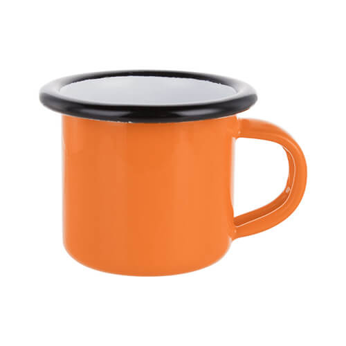 Kovový smaltovaný hrnek 100 ml oranžový s černým okrajem (sublimace termotransfer)