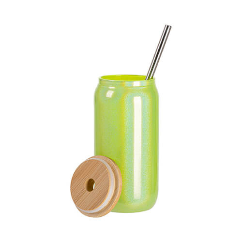 550 ml sklenice s brčkem a bambusovým víčkem pro sublimaci - zelené třpytky