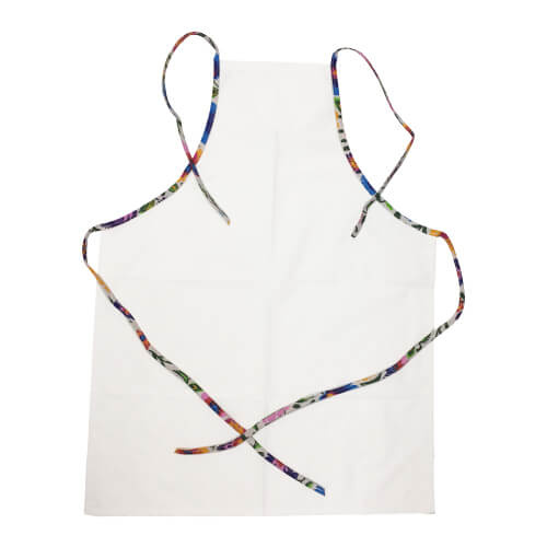 Kuchyňská zástěra s potiskem - bílá s barevným lemováním - bílé slovanské květy