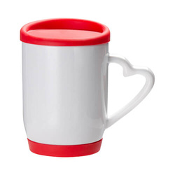 Hrnek 360 ml s červeným silikonovým víčkem a podstavcem (sublimace)