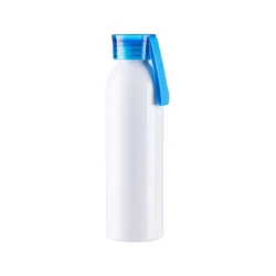 Sportovní hliníková láhev na vodu 650 ml bílá s modrým uzávěrem a sublimačním proužkem