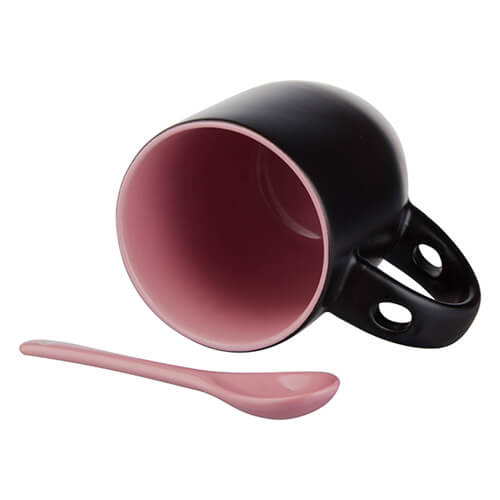 Magický hrnek 330 ml matně černý s růžovým vnitřkem a lžičkou (pro sublimaci)