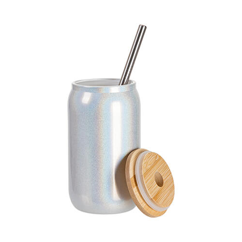 400 ml sklenice s brčkem a bambusovým víčkem pro sublimaci - bílé třpytky