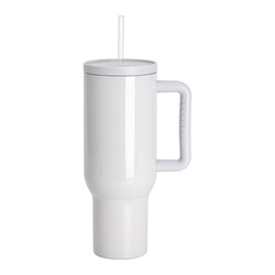 Nerezový cestovní hrnek 1200 ml s uchem a brčkem - popelavě bílý