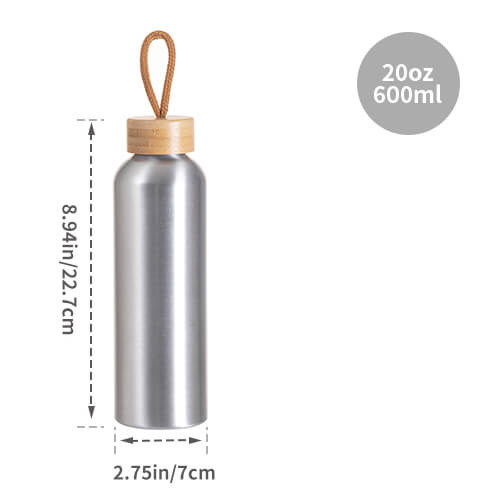 Hliníková láhev na vodu 600 ml s bambusovým víčkem pro sublimaci - stříbrná