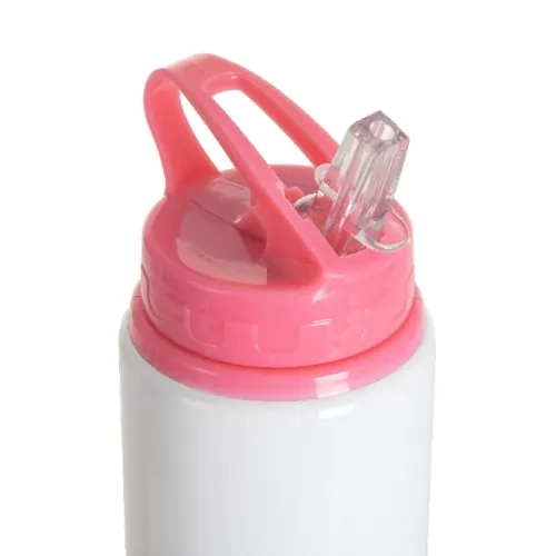 Hliníková lahvička s výlevkou, 600 ml, bílá, s růžovým uzávěrem a sublimačním držákem