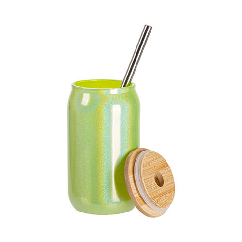400 ml sklenice s brčkem a bambusovým víčkem pro sublimaci - zelené třpytky