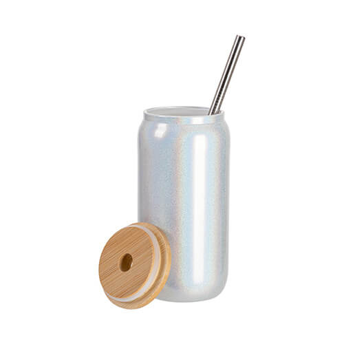 550ml sklenice s brčkem a bambusovým víčkem pro sublimaci - bílé třpytky