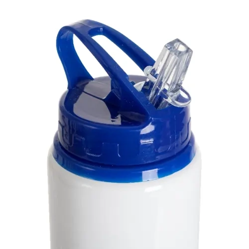 Hliníková láhev s výlevkou, 600 ml, bílá, s modrým uzávěrem a sublimačním držákem