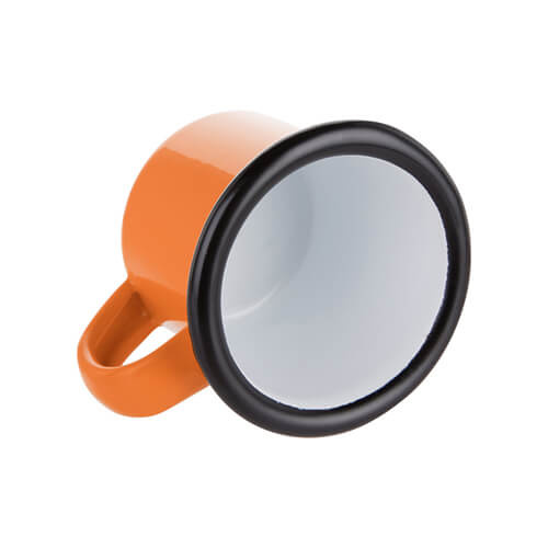 Kovový smaltovaný hrnek 100 ml oranžový s černým okrajem (sublimace termotransfer)
