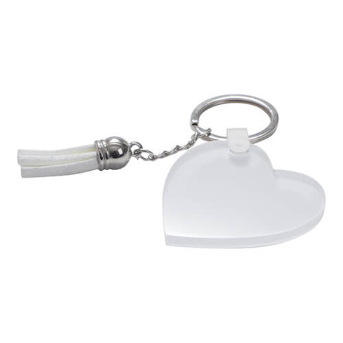 Akrylová klíčenka pro sublimaci - srdce s bílými střapci