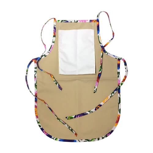 Dětská kulatá zástěra s kapsičkou s potiskem - béžová s barevným lemováním - bílé slovanské květy